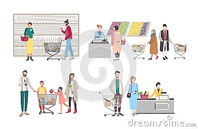Concept for supermarket or shop. Set with buyers characters at the cash register, near the racks, weighed goods, people Vector Illustration