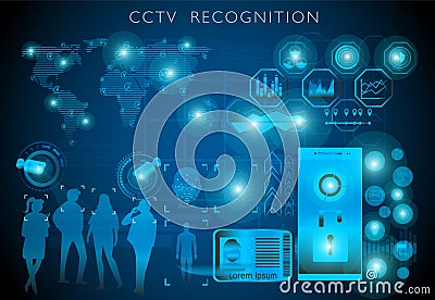 Concept of surveillance technology, CCTV with detection screen and futuristic interface Vector Illustration