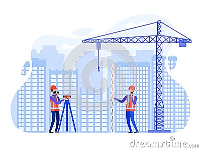 Concept surveyors conduct surveying at the construction site using the total station, theodolite, measuring instruments Vector Illustration