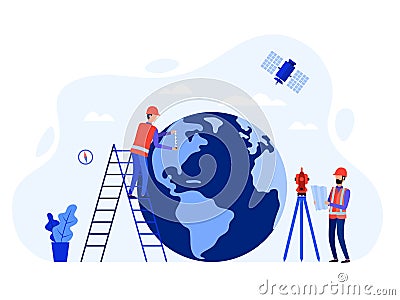 Concept surveyors, geodesists and land engineers using the total station, theodolite, measuring instruments, satellite, globe Vector Illustration