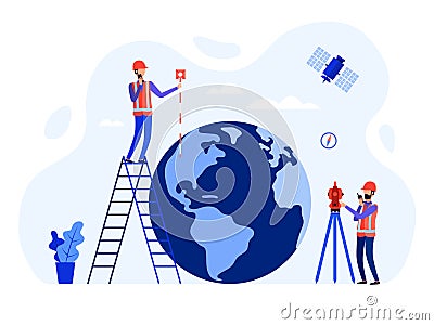 Concept surveyors, geodesists and land engineers using the total station, theodolite, measuring instruments, satellite, globe Vector Illustration