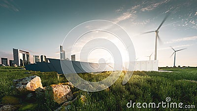 Concept of sustainable energy solution in beautifull sunset backlight. Frameless solar panels, battery energy storage facility, Stock Photo