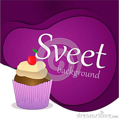 Concept of a sweet holiday. Capcake, dessert, pastries, cherry. Paper cut background. Vector Illustration