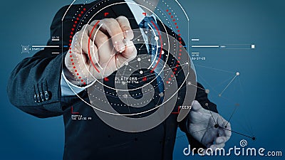 Concept of target focus digital diagram,graph interfaces,virtual UI screen,connections netwoork.Hipster finance analyst working Stock Photo