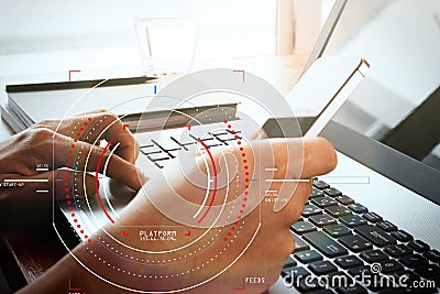Concept of target focus digital diagram,graph interfaces,virtual UI screen,connections netwoork.Hipster finance analyst working Stock Photo