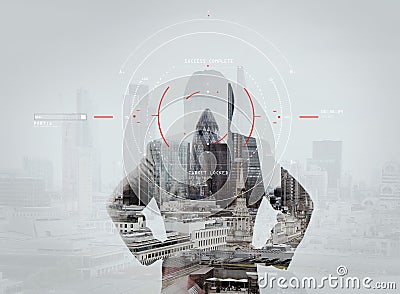 Concept of target focus digital diagram,graph interfaces,virtual UI screen,connections netwoork.Hipster finance analyst working Editorial Stock Photo