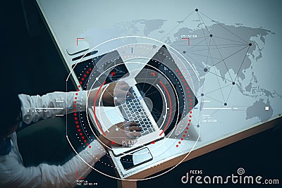 Concept of target focus digital diagram,graph interfaces,virtual UI screen,connections netwoork.Hipster finance analyst working Stock Photo