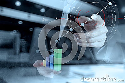 Concept of target focus digital diagram,graph interfaces,virtual UI screen,connections netwoork.Hipster finance analyst working Stock Photo