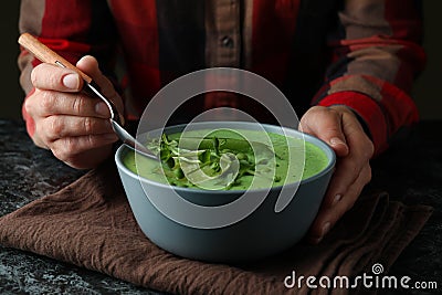 Concept of tasty eating with pea soup Stock Photo