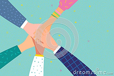 Concept of team work. Friends with stack of hands showing unity and teamwork Vector Illustration