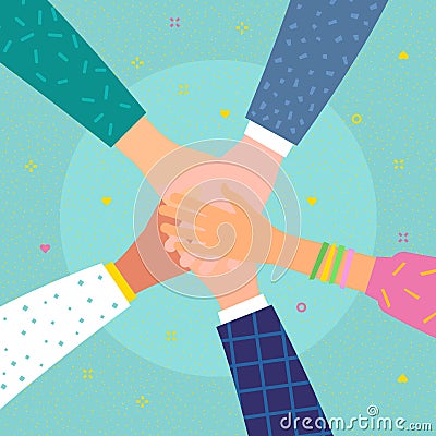 Concept of team work. Friends with stack of hands showing unity and teamwork Vector Illustration