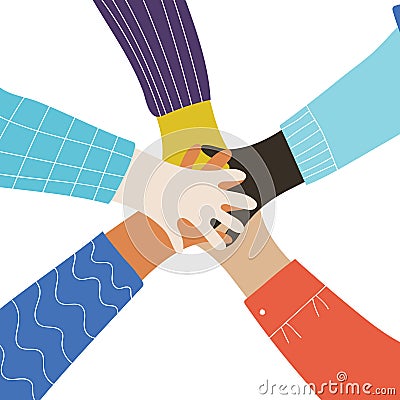 Vector cartoon illustration of people gathering hands Vector Illustration