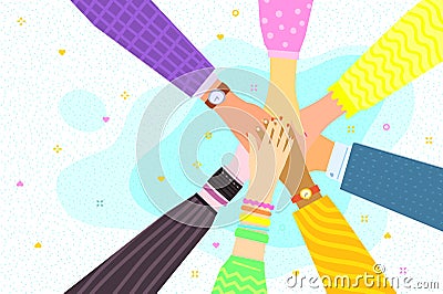 Concept of team work. Friends with stack of hands showing unity and teamwork Vector Illustration