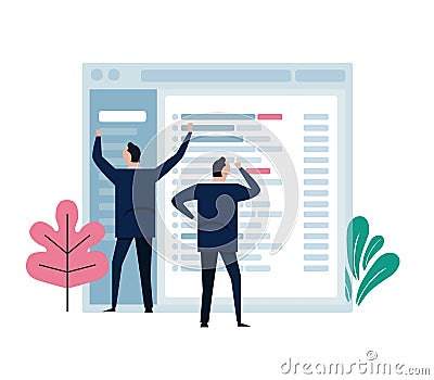 Concept of team work represent in small character working on big email application screen. Develop manage software Vector Illustration