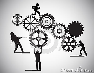 Concept of Teamwork, people building gear wheels, this also represents business partnership, unity, team working . Stock Photo