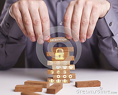 The concept of technology, the Internet and the network. Businessman shows a working model of business: Decryption Stock Photo