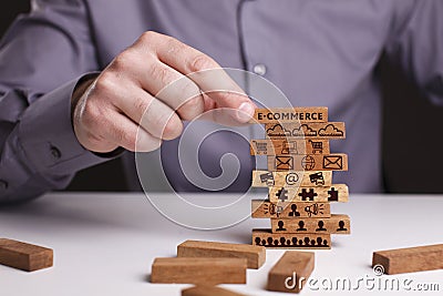 The concept of technology, the Internet and the network. Businessman shows a working model of business: E-commerce Stock Photo