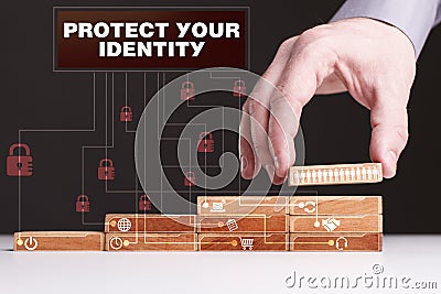 The concept of technology, the Internet and the network. Businessman shows a working model of business: Protect your identity Stock Photo