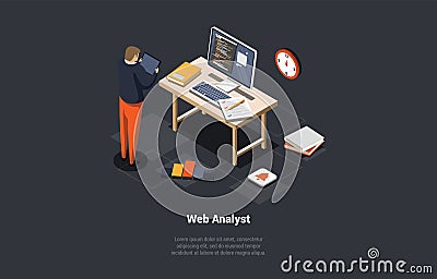 Concept Of Testing, Data Analysis And Science, Debugging. SEO Web Analyst Man Marketer Analyzing Data And Diagram In Vector Illustration