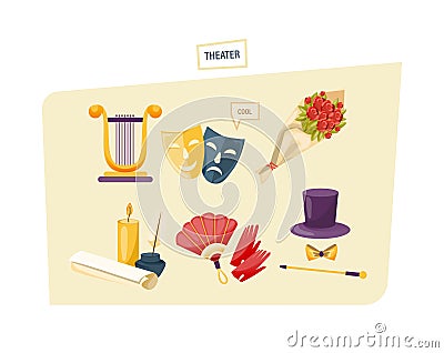 Set of theatrical performance icons. Equipment, masks, building, clothing attributes. Vector Illustration