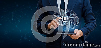 Concept of thinking.background with brain CPU Mind series technology symbols subject of computer science, artificial Stock Photo