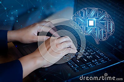 Concept of thinking.background with brain CPU Mind series technology symbols subject of computer science, artificial Stock Photo