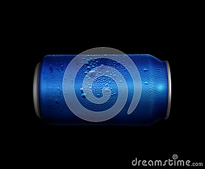 Concept of thirst and quenching thirst. Blue metal can with cola or beer. Drops of condensation on the surface Stock Photo