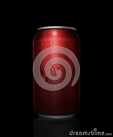 Concept of thirst and quenching thirst. Red metal can with cola or beer. Drops of condensation on the surface Stock Photo