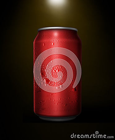 Concept of thirst and quenching thirst. Red metal can with cola or beer. Drops of condensation on the surface Stock Photo