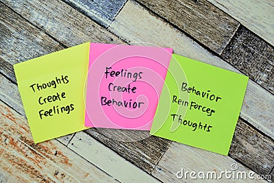 Concept of Thoughts Create Feeling - Feelings Create Behavior - Behavior Reinforce Thoughts circle write on sticky notes isolated Stock Photo