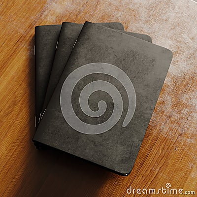 Concept of three blank notebook with black textured paper cover on wooden desk.Closeup empty horizontal mockup.Top view Stock Photo