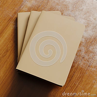 Concept of three blank notebook with brown craft paper cover on wooden desk.Closeup empty horizontal mockup.Top view. 3d Stock Photo