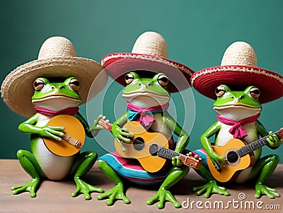 Three Frogs In Sombre Hats Playing Guitar. Generative AI Stock Photo