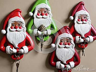 Three Santa Clauss With Key Chains. Generative AI Stock Photo