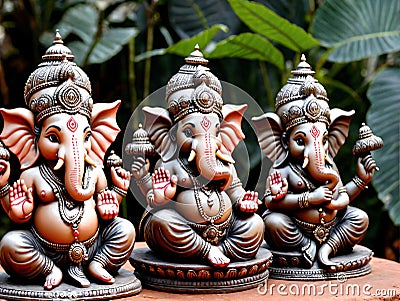 Three Small Statues Of Elephants. Generative AI Stock Photo