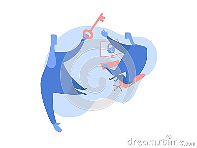 Concept on the topic of cybersecurity. One person gives to another a key to access the computer. Vector illustration Vector Illustration