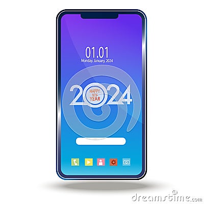 Concept of touch screen smartphone in new year 2024, interface elements on screen icons and isolated buttons on white background, Vector Illustration
