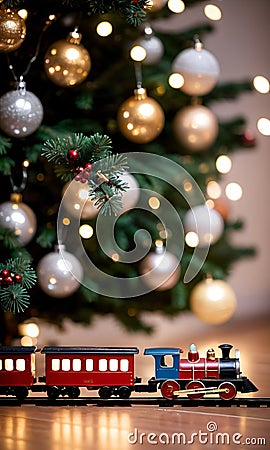 A Toy Train Under A Christmas Tree. Illuminated By Fairy Light. Generative AI Stock Photo