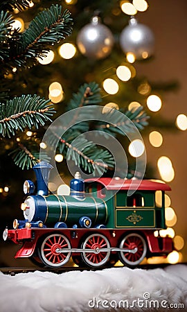 A Toy Train Under A Christmas Tree, Illuminated By Fairy Lights. Generative AI Stock Photo