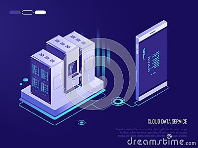 Concept of transferring data from phone to database.Cloud data service. 3d Isometric style Vector Illustration