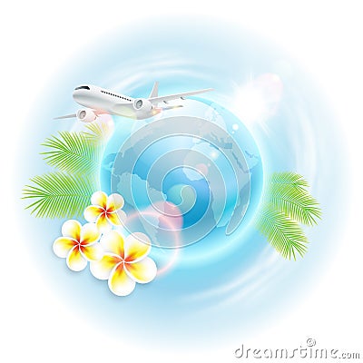 Concept travel illustration with airplane, globe, flowers and palm leaves Vector Illustration