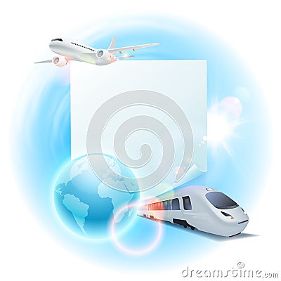 Concept travel illustration with airplane, train, globe and note for your text Vector Illustration