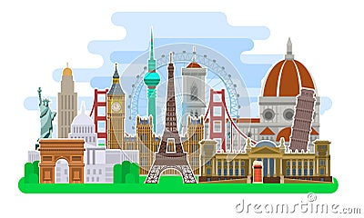 Concept of travel or studying. Sights of different countries. Vector Illustration