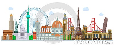 Concept of travel or studying. Sights of different countries. Vector Illustration
