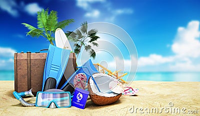 Concept travel to tropical countries Different objects on the be Stock Photo