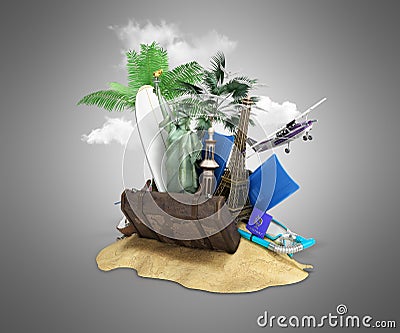 Concept of travel and tourism attractions and brown suitcase for Cartoon Illustration