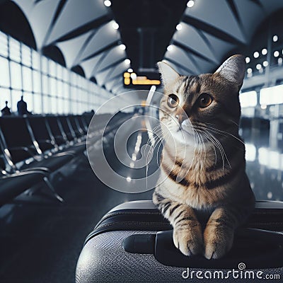 concept of traveling with animals. kitten with suitcase at the airport. ai generative Stock Photo