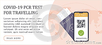 Concept of Travelling with pre-travel Covid-19 PCR test. A passport with airline boarding tickets and Coronavirus Vector Illustration