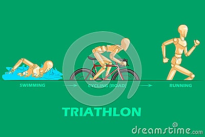 Concept of Triathlon sports with wooden human mannequin Cartoon Illustration