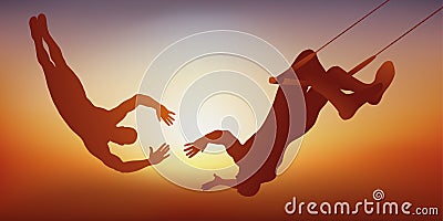 Two circus performers perform an acrobatic act on their trapeze. Stock Photo